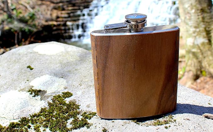 3-Piece Wooden Bar Set - 6 oz Hip Flask, 2 oz Keychain Flask & Credit Card Bottle Opener in Black Walnut