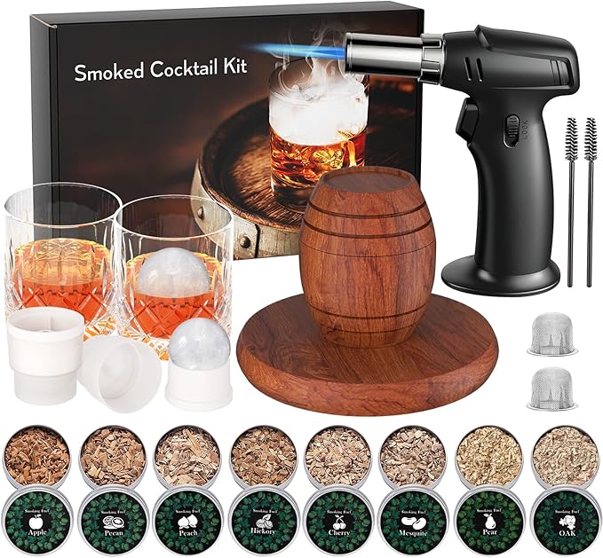 Whiskey Smoker Kit with Torch - 8 Natural Wood Chips Flavors, 2 Glasses, 2 Ice Molds - Cocktail Smoker Infuser Kit, Old Fashioned Smoker Kit, Birthday Bourbon Whiskey Gifts for Men, Dad