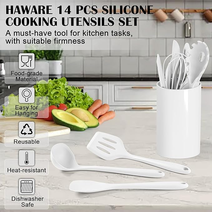 HaWare Kitchen Utensils, 14 PCS Silicone Cooking Utensils Set, Heat Resistant Kitchen Utensils for Non-stick Cookware, Kitchen Gadgets Tools with Spoons, Spatulas, Whisk, Dishwasher Safe (White)