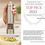 Electric Salt and Pepper Grinder - Battery Operated Stainless Steel Pepper Mill with Light - Automatic One Handed Operation - Electronic Adjustable Shaker - Ceramic Grinder
