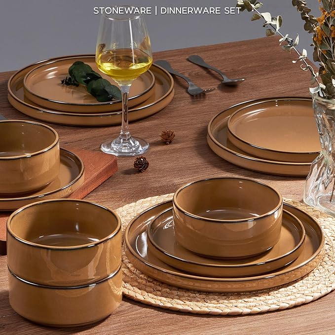 Stoneware Dinnerware Sets for 4, Onader Plates and Bowls with Unglazed Terracotta Bottom, Elegant Kitchen Ceramic Dish Dishware Set, Reactive Glaze 12 Piece - Earthy Umber