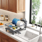 Dish Drying Rack - Small Dish Rack for Kitchen Counter, Stainless Steel Dish Drainer with Utensil Holder and Drainboard (Grey)