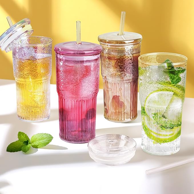 Joeyan 22 oz Pink Glass Tumbler with Straw and Lid for Iced Tea Coffee Smoothie Water Juice Beverages Soda,Ribbed Glasses Cups,Borosilicate Drinking Jar,Set of 2,Dishwasher Safe