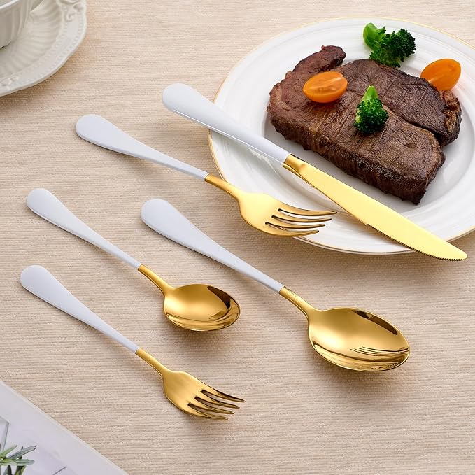 20-Piece White and Gold Silverware Set 18/0 Stainless Steel Silverware Set White Handle Cutlery Set Service for 4 Dinner Knives Forks Spoons Set Flatware Set Finish Dishwasher Safe