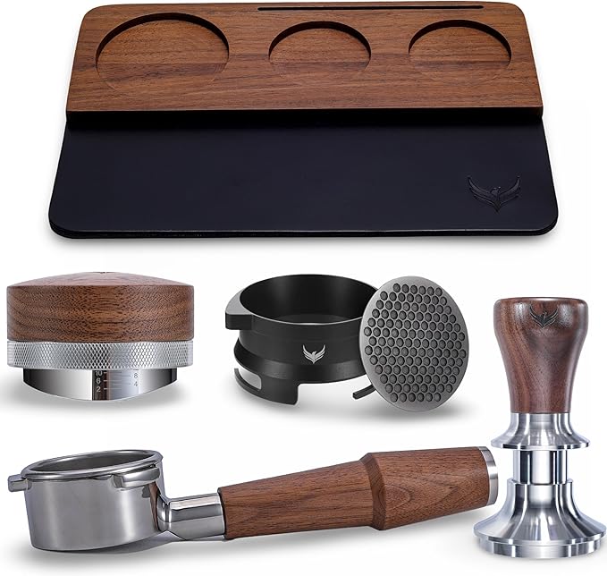 54mm Espresso Accessory Set For Breville Machines Includes Walnut & Leather Tamping Mat, Calibrated Tamper & Distributor, Dosing Funnel & Puck Screen, Bottomless Portafilter