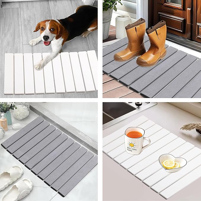 Quick Dry Collapsible Dish Drying Mat, Eco-Friendly Absorbent Diatomaceous Earth Mats for Dishes Bottles Cups 24"×16"Large Stone Dish Drying Mats for Kitchen Counter (Gray, 24"（L）×16"（W）)