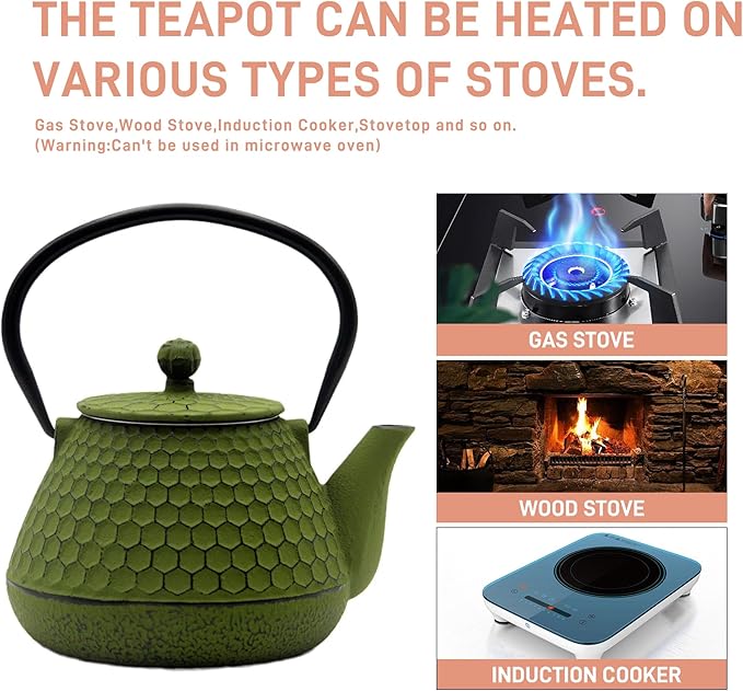 20.3oz Small Cast Iron Teapot for Personal, SECHUDO Tea Kettle for Stovetop Safe Coated with Enameled Interior, Green Tea Pot with Stainless Steel Infuser for Loose Tea (600ml)