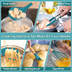 P&P CHEF Silicone Cooking Utensils Set, 12PCS Kitchen Utensils Set with Wooden Handle for Nonstick Cookware, Ladle, Spoon, Spatula, Tong, Heat-resistant & Non-scratch, Non Smell & Healthy, Blue
