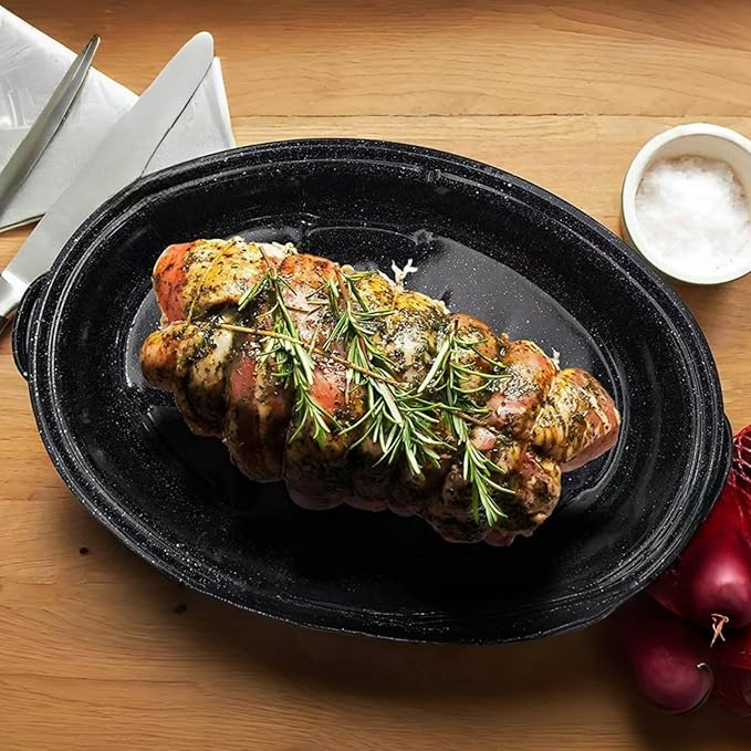 15"Oval Roasting Pan With Lid Small Chicken Roaster With 13.7in Inner Diameter Enamel Steel Roasting Pot Suitable for Outdoors Family Dinnerhigh Temperature Resistance Holiday Gifts