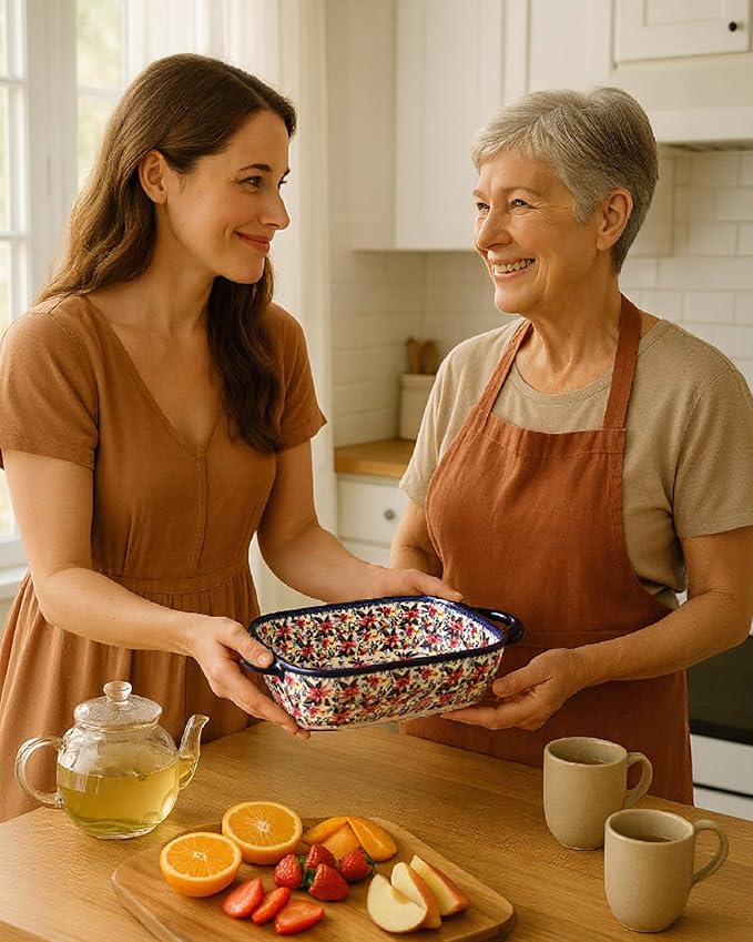 Ceramic Baking Dish Set of 2 – Decorative Polish Pottery Style Casserole Dishes with Handles, Cute Oven-Safe Lasagna Bakeware Gift Set