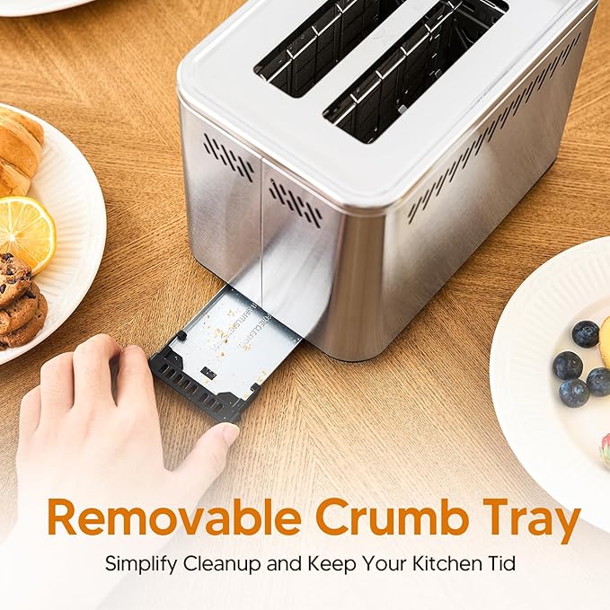 Trisiko® Touch Screen Toaster 2 Slice, Stainless Steel Smart Toaster with Digital Timer, 1.38" Extra-Wide Slots for Bread& Bagel,with Reheat, Defrost, Cancel, +15s Boost, Great for Home, Office, Dorm