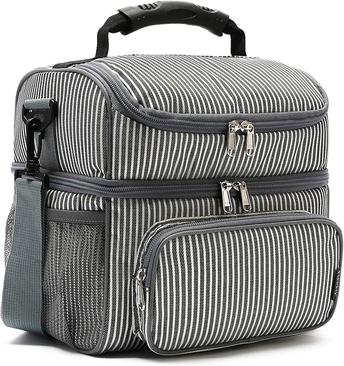 FlowFly Double Layer Cooler Insulated Lunch Bag Adult Lunch Box Large Tote Bag for Men, Women, With Adjustable Strap,Front Pocket and Dual Large Mesh Side Pockets