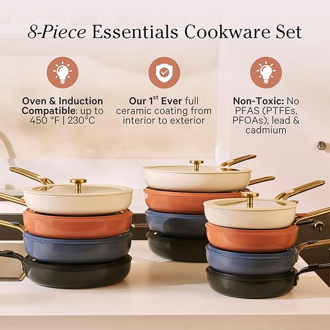 Our Place 8-Piece Essentials Complete Cookware Set - Ceramic Fry Pan Trio & Modular Rack Storage | Nontoxic Thermakind™ Nonstick, Oven Safe up to 450°F & Compatible with All Cooktops | Cream