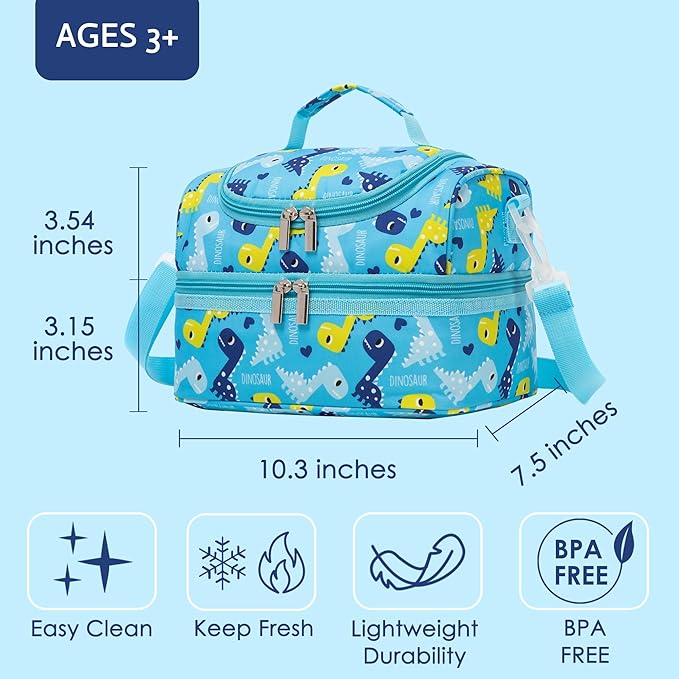 Insulated Kids Dual Compartment Lunch Bags Tote for Girls Boys Toddler Lunch Boxes Pre-School Toddler Kindergarten Picnic Camp Food Cooler Thermal with Strap (Blue Dinos)