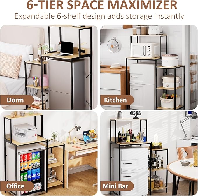 Mini Fridge and Microwave Stand Over Refrigerator Storage Shelf with Power Outlet, 5 Tiers Adjustable Bakers Rack Cabinet Coffee Bar Appliance Organizer for Dorm Office,Natural