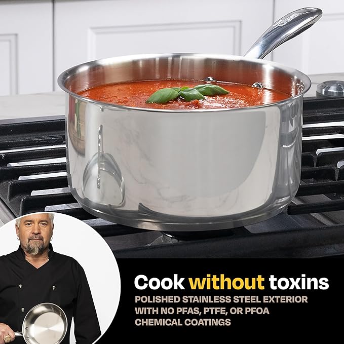 Guy Fieri's Flavortown 3.2-Quart Stainless Steel Sauce Pan with Tempered Glass Lid - Kitchen Cookware with Tri-Ply Base, Oven Safe to 500°F, Dishwasher Friendly, Works with Gas & Induction Cooktops