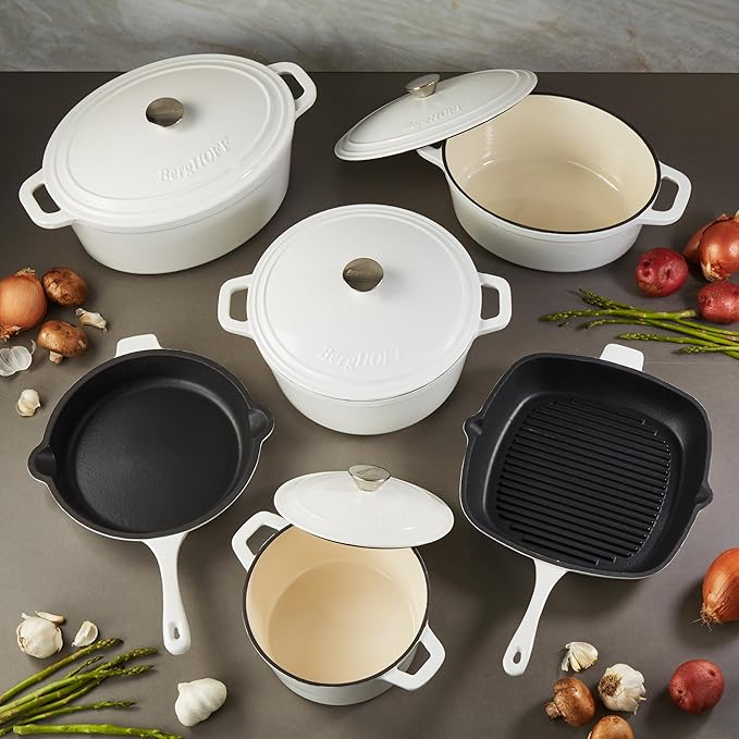 BergHOFF 10Pc Neo Enameled Cast Iron Cookware Set, Matching Lid, Oven Safe Up To 400°F, White