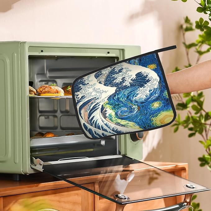2 Pack Starry Night Great Waves Pot Holders for Kitchen Heat Resistant, Potholders for Kitchens Washable for Cooking & Baking & Microwave