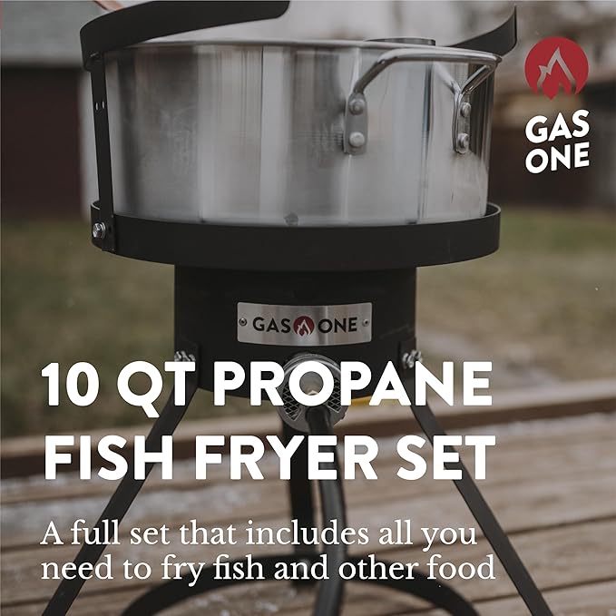 Gas One Propane Deep Fryer with 10Qt Deep Fryer Pot – High Grade Strainer Basket Aluminum Pot for Fish Fry Chicken Wings, Seafood Pot – Propane Burners for Outdoor Cooking Include Thermometer