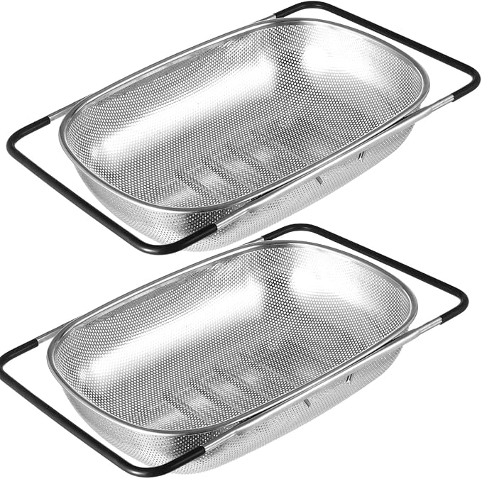2 Pcs Over the Sink Colander, Strainers and Colanders for Kitchen Sink Strainer Basket with Expandable Handles Stainless Steel Strainer,Pasta Vegetable Food Fruit Strainer