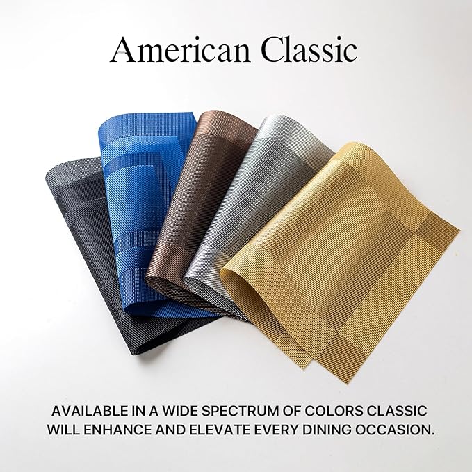 LEXMORE PVC Woven Placemats 6 PCS Wipeable Indoor/Outdoor Table Mats Washable Vinyl Place Mats for Dining Table, Set of 6-Navy Cube