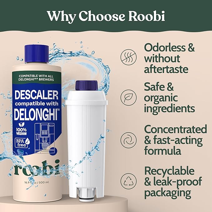 Roobi DeLonghi Compatible Cleaning Descaling Kit. Includes 1 Bottle of Descaling Solution and 4 DeLonghi Filters. Carbon Neutral DeLonghi Cleaner Descaler Kit. 1 Year Supply.