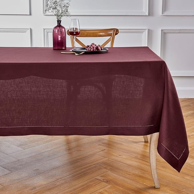 Solino Home Linen Burgundy Tablecloth 60 x 120 Inch - Classic Hemstitch, 100% Pure Linen Rectangular Tablecloth - Machine Washable Table Cloth for Summer, Fall, Autumn