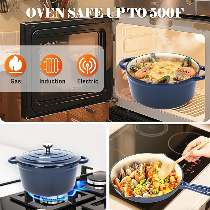 Ceramic Coated Cast Iron Cookware Set, 9-Piece Enameled Dutch Oven and Skillet Set with Lids, Nonstick Pots and Pans Set for Bread Baking, Oven Safe, Induction Compatible, PFAS-Free (Navy Blue)