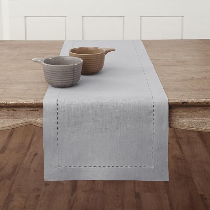 Solino Home Linen Soft Grey Table Runner 72 Inches Long - 100% Pure Linen Hemstitch Table Runner 14 x 72 Inch for Dresser, Dining, Summer, Fall, Autumn, Halloween - Classic Hemstitch