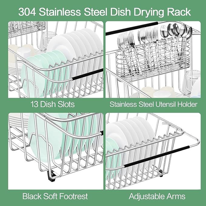 Large Sink Dish Drying Rack, Expandable 304 Stainless Steel Metal Dish Drainer Rack Organizer Shelves with Stainless Steel Utensil Holder Over Inside Sink, Rustproof