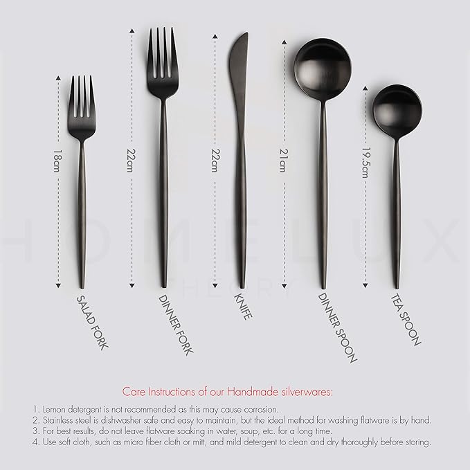 Homelux Theory 2 Sets of 5pc Matte Black 18/10 Stainless Steel Flatware, Stainless Steel Kitchen Utensils, Modern Utensils & Contemporary Flatware Set, Elegant Adaline Royal Forks Spoons Cutlery Set