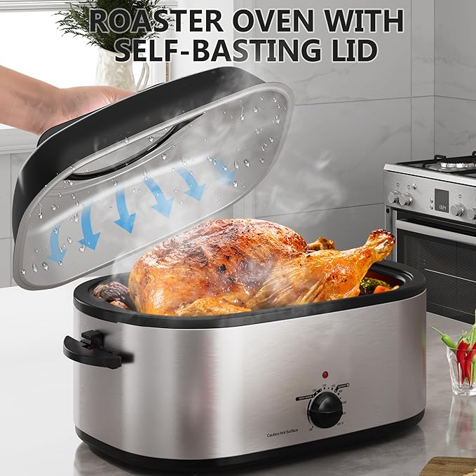 SUNVIVIPRO Roaster Oven 28 Quart, Electric Turkey Roaster with Self-Basting Lid, Removable Pan & Rack, Variable Temp Control, Stainless Steel Silver
