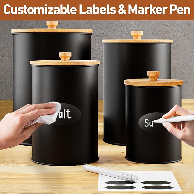 Kitchen Canisters for Countertop Set of 4 with Customizable Chalkboard Labels & Marker Pen - Big Iron Kitchen Canisters with Airtight Lids - Black Canister Set - Flour and Sugar Containers Farmhouse