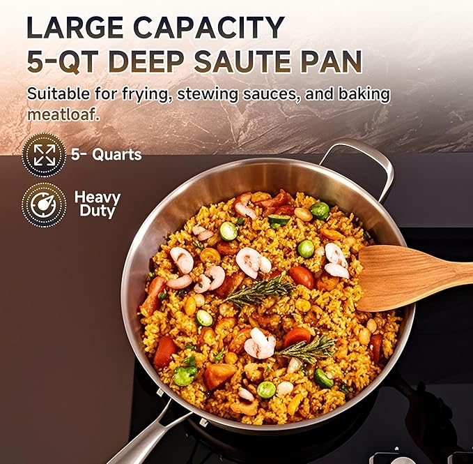 LOLYKITCH 5 Quarts Tri-Ply Stainless Steel Sauté Pan wih Lid, 12 Inch Deep Frying Pan,Jumbo Cooker,Induction Cooking Pan,Dishwasher and Oven Safe,Detachable Handle.