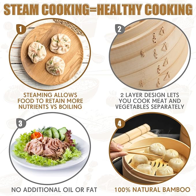 Tessco for you 59 Pcs 2 Tier 10 Inch Bamboo Steamer Basket Set Including Bamboo Steamer Stainless Steel Ring Dumpling Maker Mold and Cutter Spoon 2 Pair Chopsticks 2 Sauce Dish 50 Paper Liners