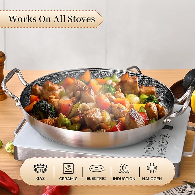 Inqibee 13-Incn Hybrid Tri-Ply Stainless Steel Ceramic Non Stick Paella Pan with Lid,Griddle,Large Skillet,Induction Cooking Pan,Dishwasher and Oven Safe