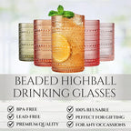 Hobnail Beaded Highball Drinking Tumbler Glasses | Set of 5 | Color, Vintage Bubble Design Whiskey Glassware, Old-Fashioned, Embossed Design, Water, Wine, Cocktail Embossed Heavy Glass, Rocks Glass