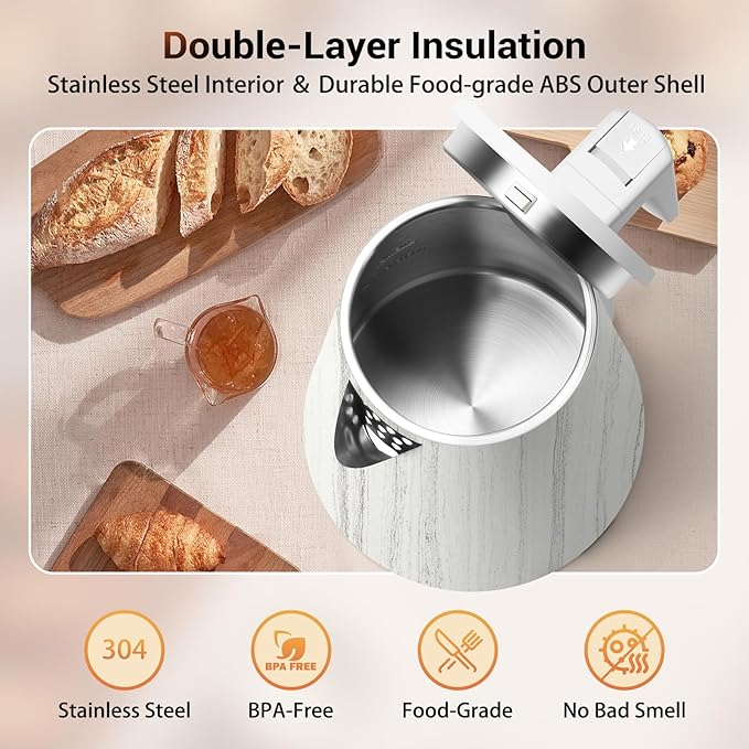 1.2L Double Wall Stainless Steel Interior Water Boiler, Cordless, 1000W Fast Boil with LED Light Coffee Pot & Tea Electric Kettle, Auto Shut-Off and Boil-Dry Protection (Wood Grain)