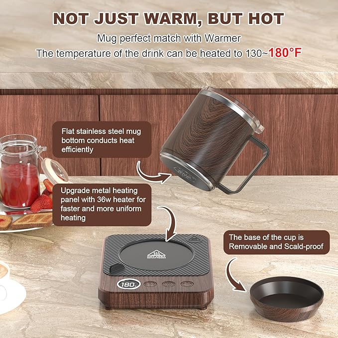 Coffee Mug Warmer & Mug Set for Desk, Electric Coffee Cup Warmer with 16oz Heated Mug, Smart Coffee Heater with Auto Shut Off for Office/Home, Christmas/Birthday/Coffee Gifts for Men & Women, Wood