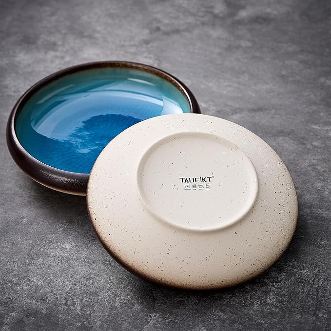 Ceramic Dinner Plates Set of 4, 8 Inch Large Porcelain Pasta and Salad Plates, Stoneware Plate Set for 4, Handmade Round Dishes for Home Decor, Microwave,Oven,and Dishwasher Safe, Blue