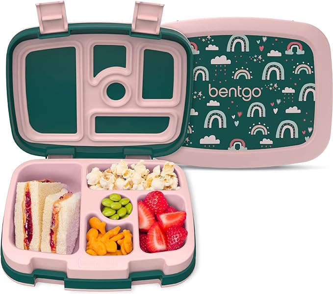 Bentgo Kids Prints Leak-Proof, 5-Compartment Bento-Style Kids Lunch Box - Ideal Portion Sizes for Ages 3-7, Durable, Drop-Proof, Dishwasher Safe, & PFAS & BPA-Free Materials (Green Rainbow)