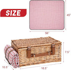Wicker Picnic Basket Set for 2 Persons with Waterproof Picnic Blanket and Large Insulated Cooler Compartment, Willow Picnic Hamper Basket with Cutlery Service Kits for Camping, Wedding (Red)