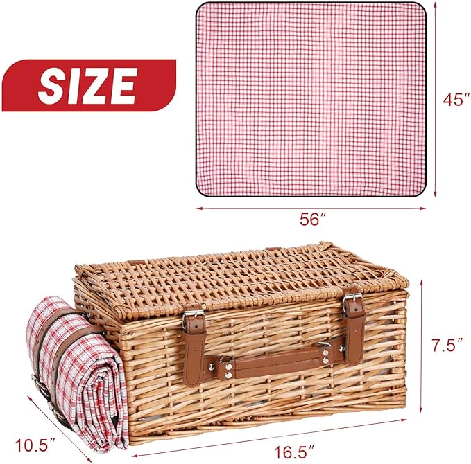 Wicker Picnic Basket Set for 2 Persons with Waterproof Picnic Blanket and Large Insulated Cooler Compartment, Willow Picnic Hamper Basket with Cutlery Service Kits for Camping, Wedding (Red)