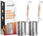 2 Pack Pasta Basket, Stainless Steel Mesh Noodle Strainer Basket with Wooden Handle, for Boiling Food, Pasta, Noodles, Dumpling, Ramen, 4.3''D x 5.7''H