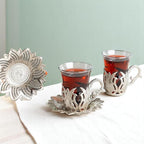 Alisveristime (Set of 2 Turkish Tea Set with Zamac Holders, Glass Cups, and Saucers – Ahsen Ottoman Design, 100ml Capacity, Available in Gold or Silver Color (Silver)