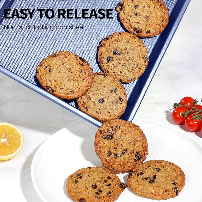 Vinino Baking Sheet Set of 3, Cookie Sheets For Baking with Square Texture Pattern, Thicker Carbon Steel Non-stick Baking Pan Half/Quarter/Jelly Roll Pans Tray for Oven-Blue