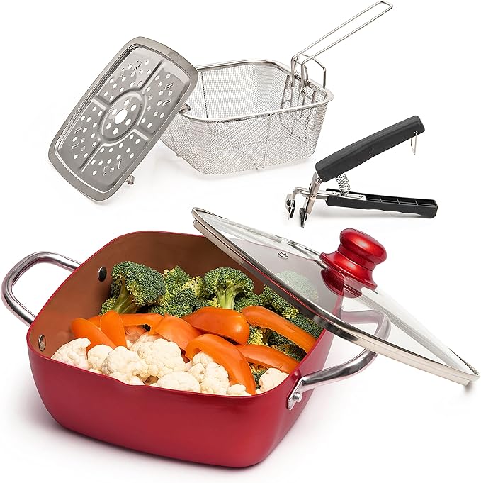 Moss & Stone 5 Pcs Red Copper Chef Cookware Non Stick Deep Frying Pan, Fry Basket, Steamer Rack, Dishwasher & Oven Safe, 5 Qt Deep Square Pan, Induction Copper Cookware Set - 9.5" x 3.5"