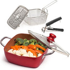 Moss & Stone 5 Pcs Red Copper Chef Cookware Non Stick Deep Frying Pan, Fry Basket, Steamer Rack, Dishwasher & Oven Safe, 5 Qt Deep Square Pan, Induction Copper Cookware Set - 9.5" x 3.5"