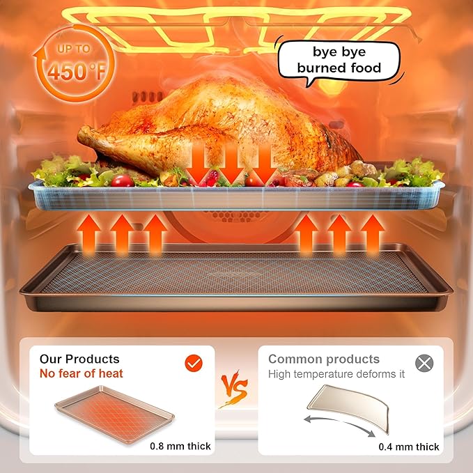 HONGBAKE Baking Sheet Pan Set of 3, Cookie Sheets for Oven, Nonstick Half/Quarter/Jelly Roll Pans with Diamond Texture Pattern, 0.8mm Thick Heavy Duty Cookie Tray, Champagne Gold