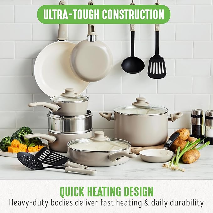 GreenLife 16 Piece Nonstick Cookware Set, Soft Grip Non-Toxic PFAS-Free Ceramic Pots & Pans, Dishwasher & Oven Safe, Frying, Sauce, Saute, Utensils, Glass Lids, Stay-Cool Handles, Wobble Free, Taupe
